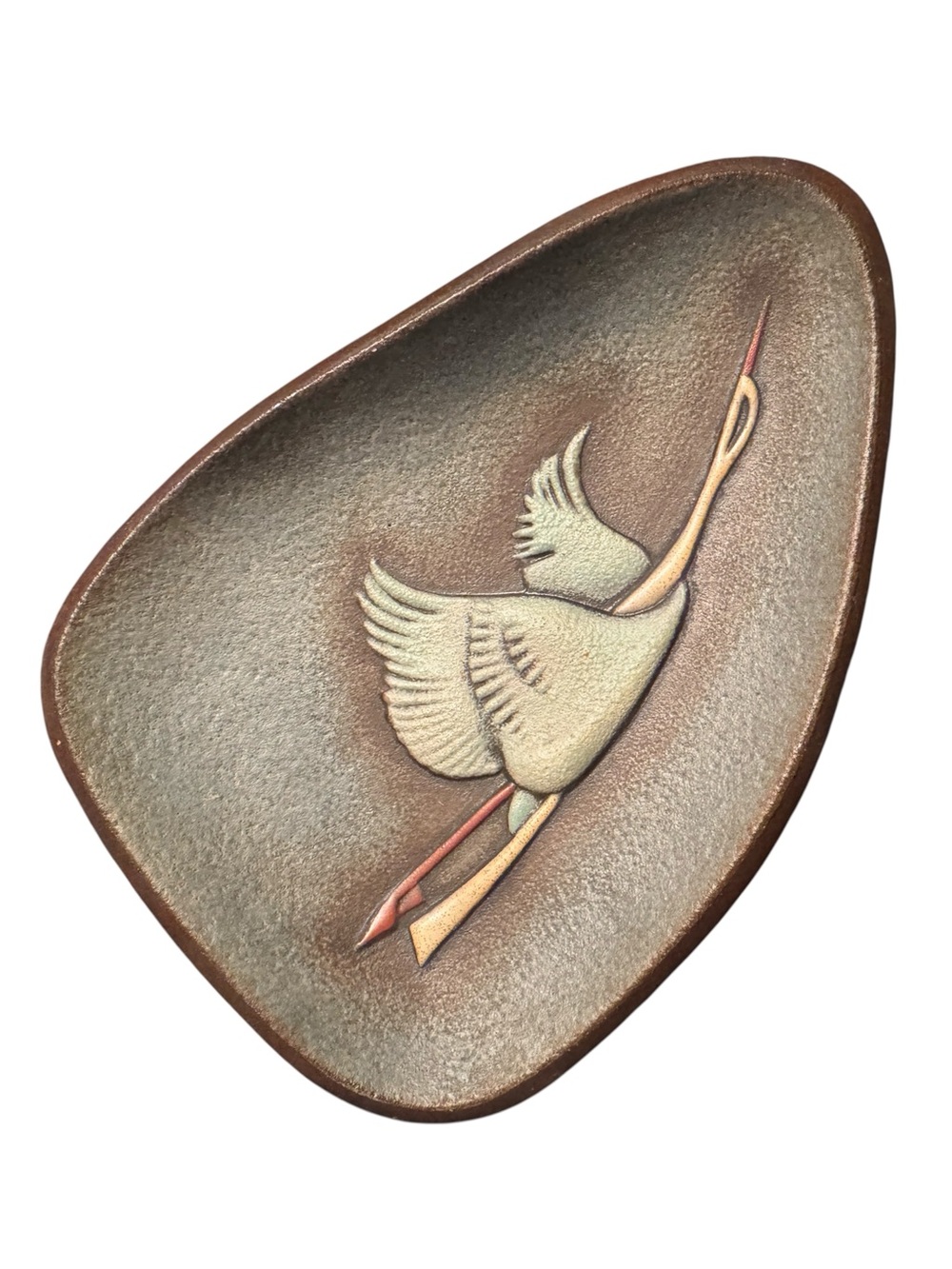 L&M Designs Vintage Handcrafted Brown Ceramic Pottery Bird Dish Crane Relief